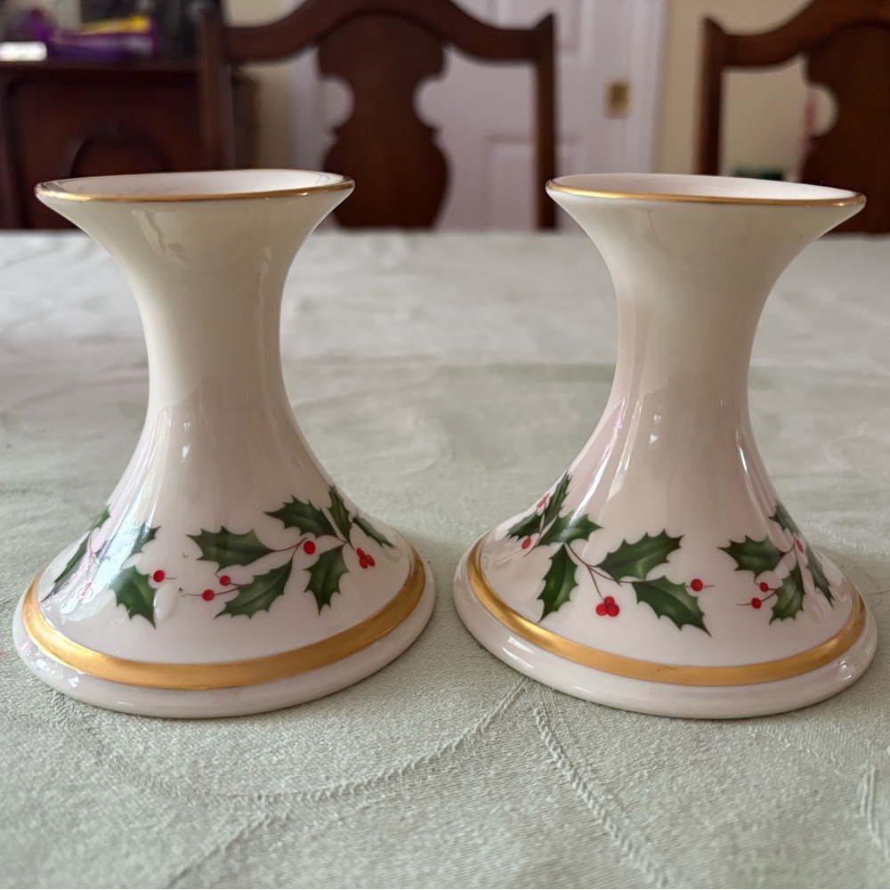Lenox Cream Candle Holders with Holly Design